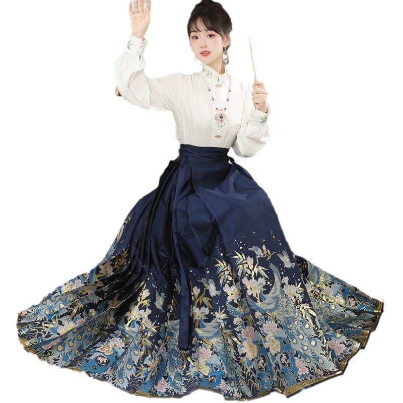 Falda de cara de caballo estilo Ming para mujer, Ma Mian Qun Hanfu, conjunto diario mejorado, pavo real, novedad de 2024