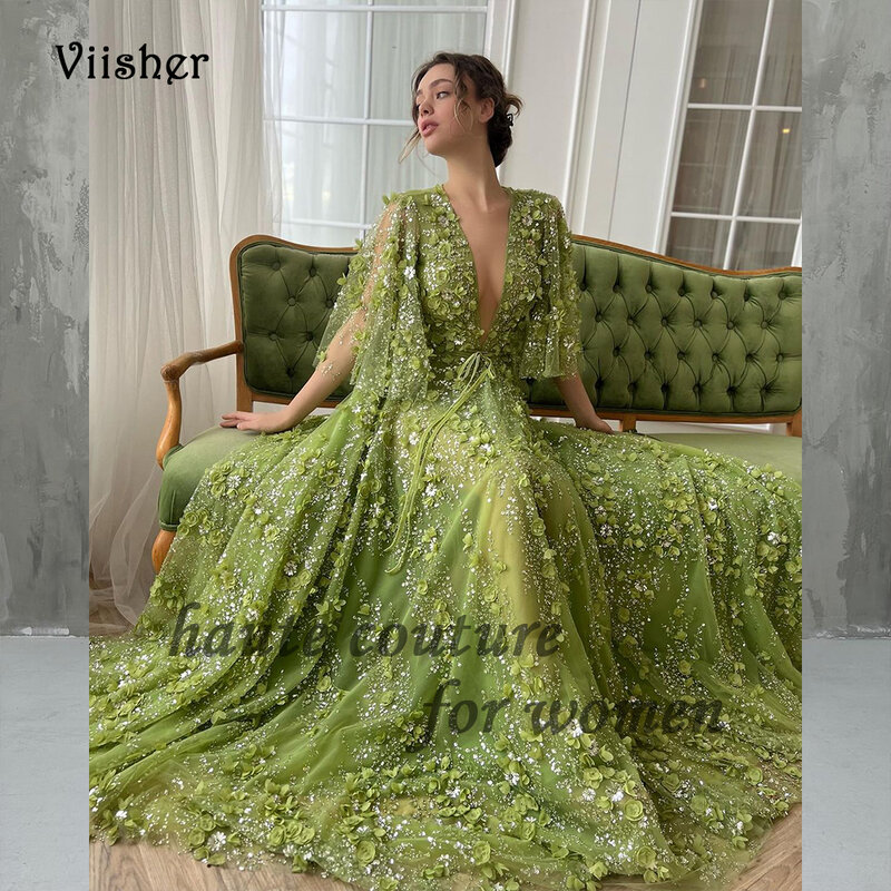 Green Fairy Evening Prom Dresses with Sleeve V Neck A Line Formal Party Dress with Train Long Celebrate Event Gowns 2024