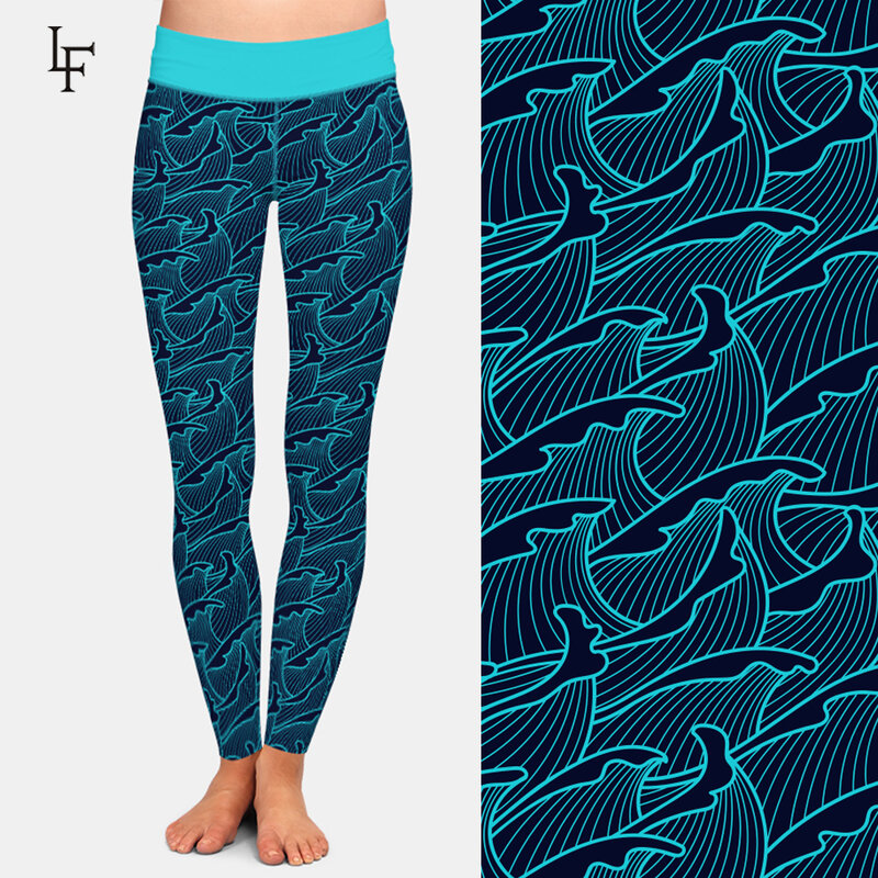 Nuova moda Sea Wave stampa digitale a vita alta elasticità Leggings Fitness Casual Milk Silk Print Legging per le donne
