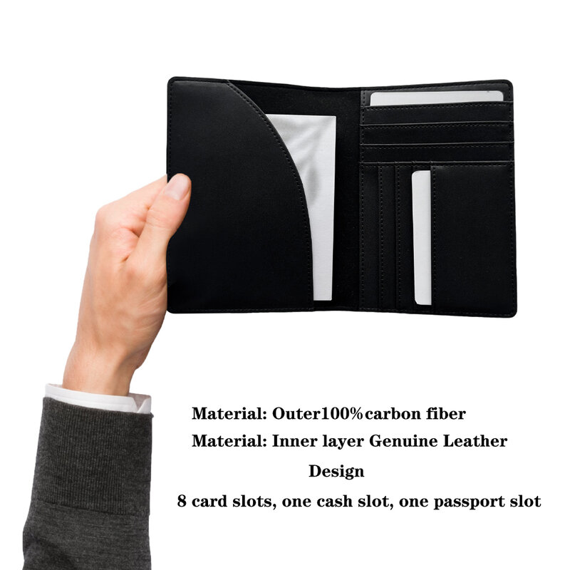 Fibra de carbono Titular Passaporte Couro, RFID Bloqueio Titular, Luxury Business Travel, 10 Card Slots, Preto