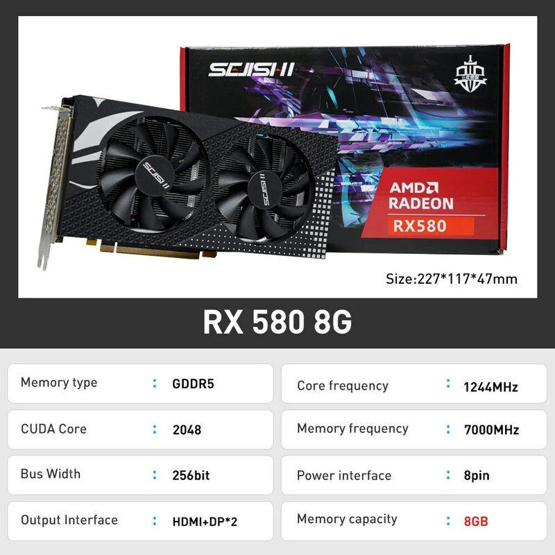 Placas gráficas GDDR5 AMD GPU, Placa de vídeo branca, Radeon 8GB Mining Gaming Card, SJS RX 580, 8G, 256Bit, 2048SP, GDDR5