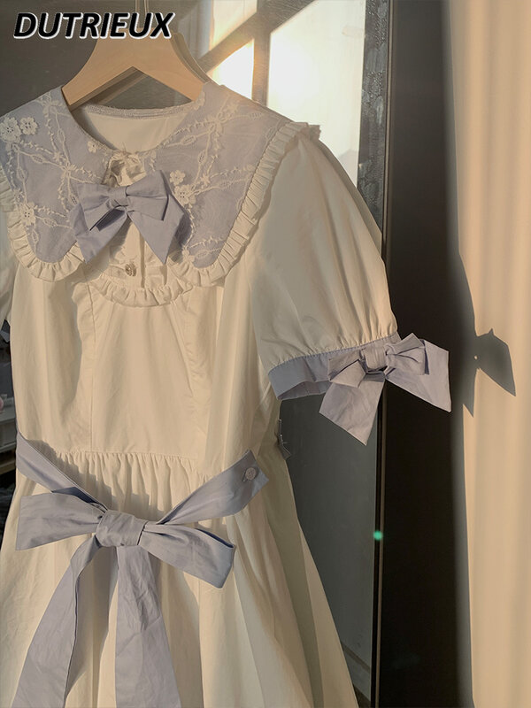 Gaun lengan pendek wanita, musim panas warna putih biru jahitan berkerah renda gaun pita manis lucu ramping putri Midi
