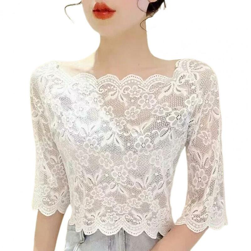 Women Summer Cropped Tops One-word Collar Half Sleeve Blouse See-through Embroidery Lace Pullover Tops