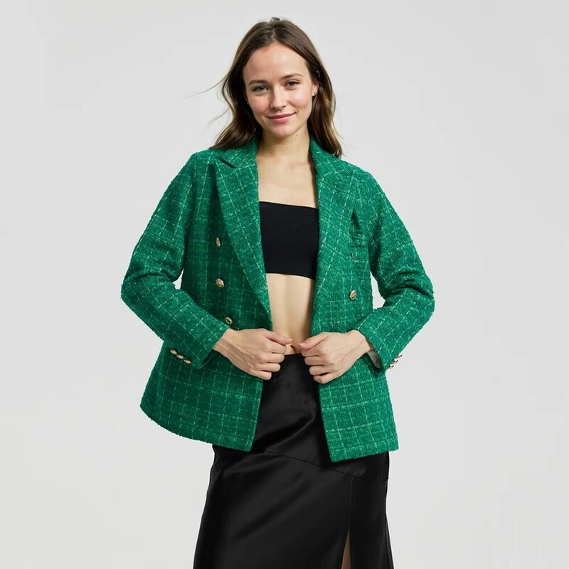 TAOP&ZA 2024 European and American style women's 4-color textured double-breasted mid-length suit jacket