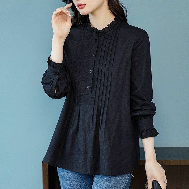 Camiseta de manga larga con botones para mujer, camisa informal de Color sólido con lazo de flores, Tops coreanos a la moda, primavera y otoño