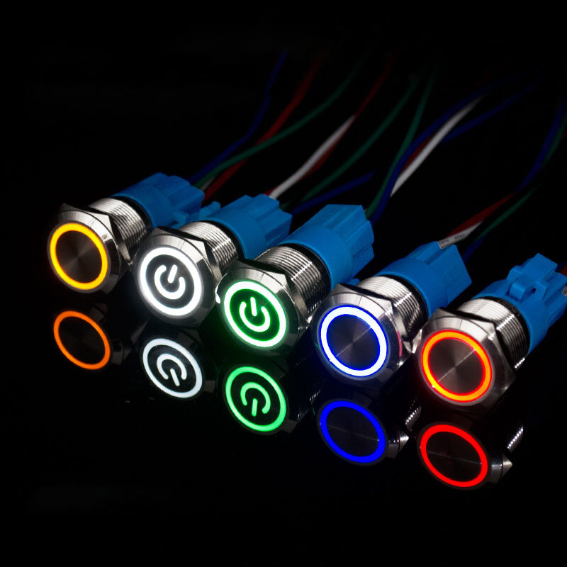 Botón de encendido y apagado de metal, luz LED de alimentación, impermeable, botón circular plano, 3v, 6v, 12v, 24v, 110v, 220v, ip65, 12mm, 16mm, 19mm, 22mm
