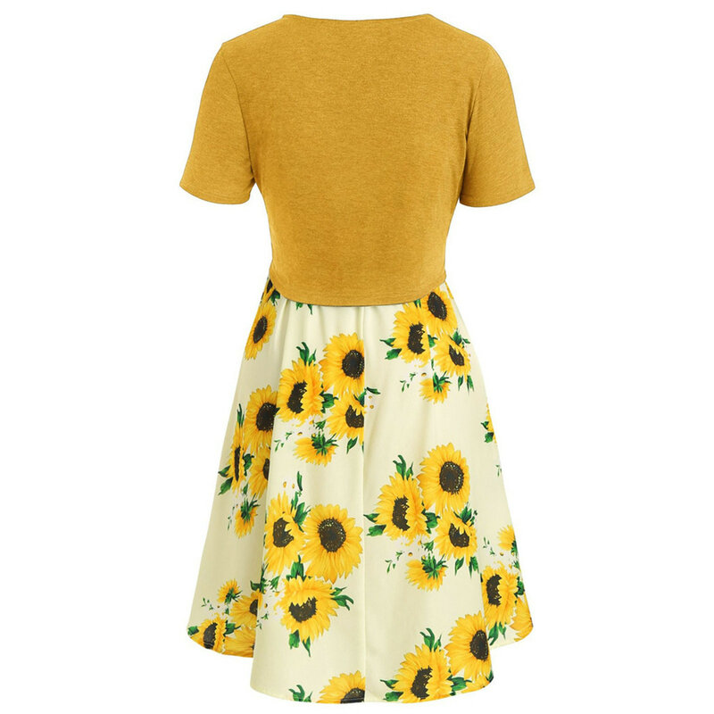 Gaun untuk wanita 2024 ukuran besar lengan pendek atasan balutan simpul kupu-kupu gaun Mini cetak bunga matahari setelan gaun jubah wanita seksi