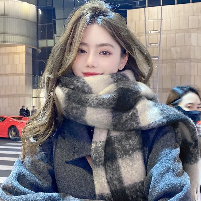 Утолщенная Шейная шаль для студентов двойного назначения корейский Синий оптовая продажа 2024 Новый клетчатый шарф женский зимний теплый