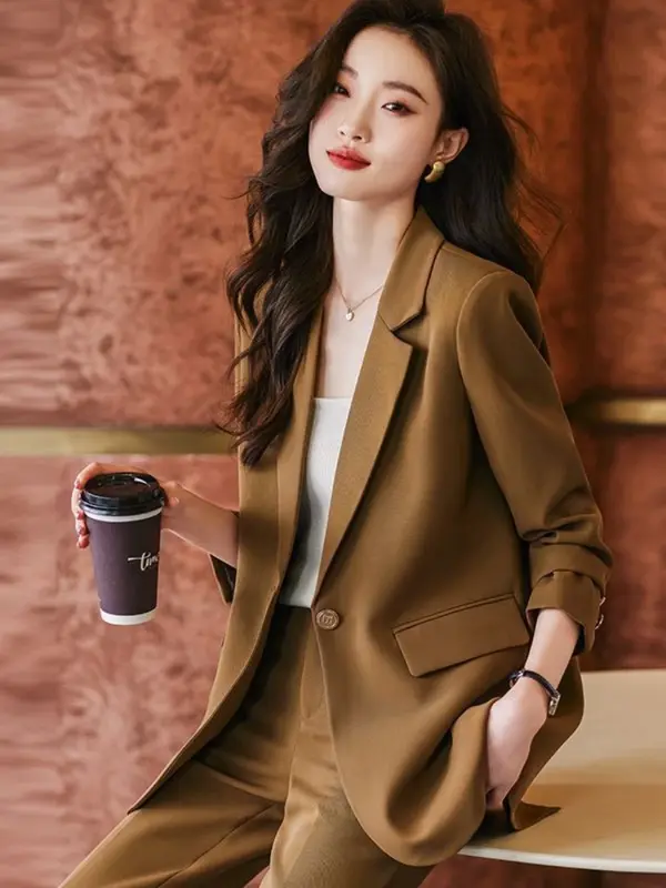 Setelan jas kantor wanita, mantel kancing tunggal warna Solid celana kaki lurus set Blazer elegan pakaian kantor