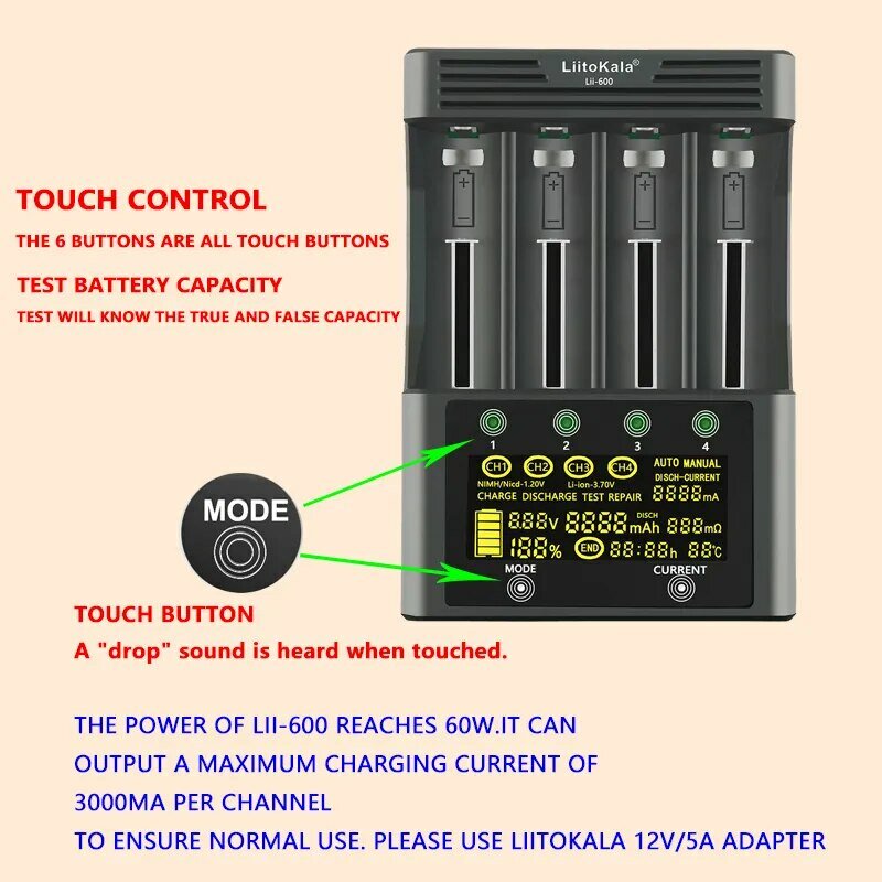 充電器LiitoKala-Lii-600 Vおよびnimh,3.7v,1.2,18650, 26650,aa,aaa,12v5aに適しています