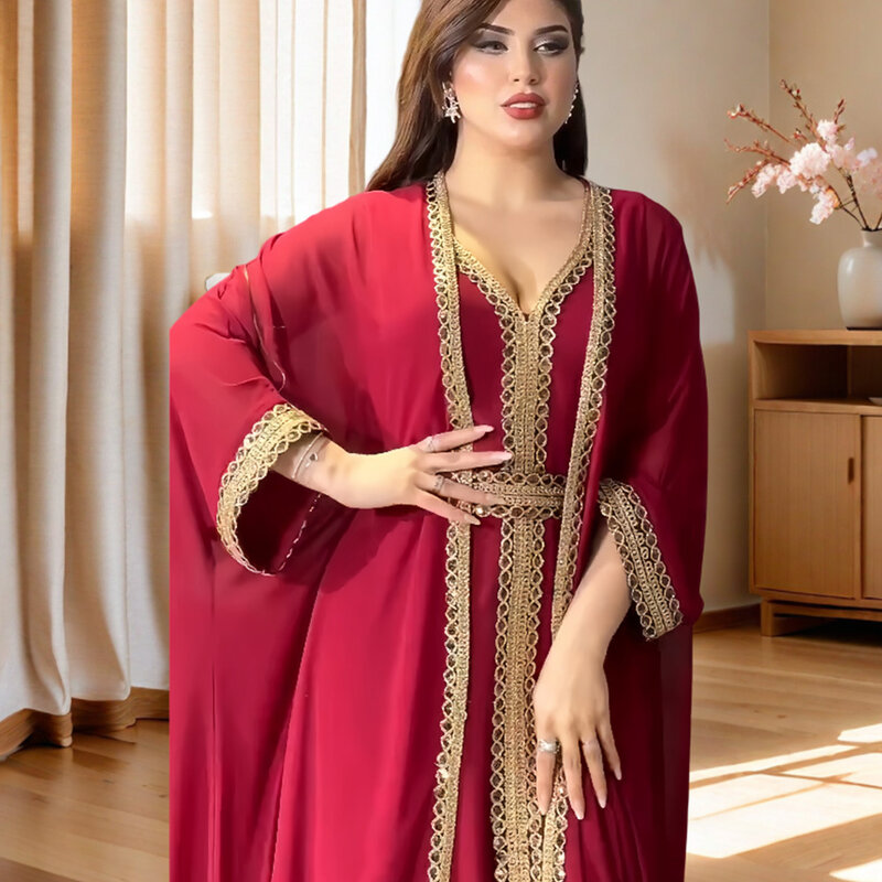 Elegant Abayas for Women Dubai 2024 New Muslim Women Dress 2 Piece Set Chiffon Long Sleeve Kaftan Plus Size Party Maxi Robes