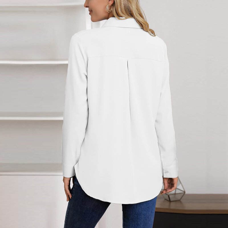 Frauen Temperament lässig Knopf Hemden V-Ausschnitt lange Ärmel reine Farbe Büroarbeit Bluse Mode Shirt Tops mit Tasche