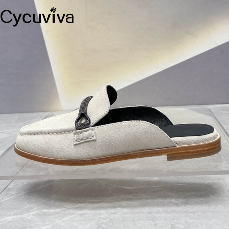 Suede Leather Slides Women Summer Crystal Flat Slippers Slip One Mules Holiday Beach Shoes Women Sandalias Mujer Women Slippers