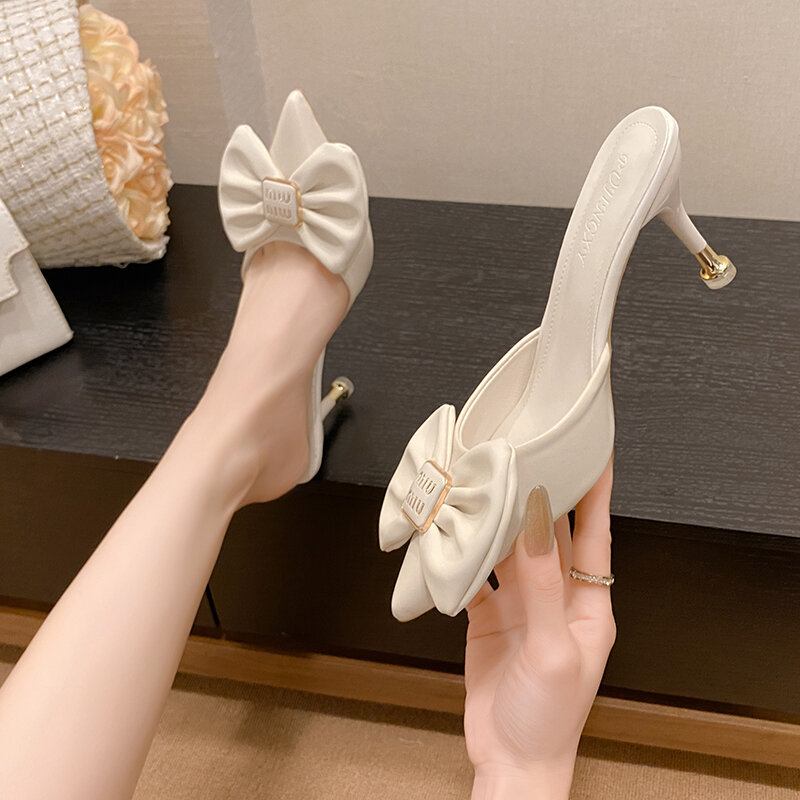 2024 High Quality Summer Women's Slippers Butterfly Knot Solid Color Pointed Toe   High Heels Slender Heel Female Slippers