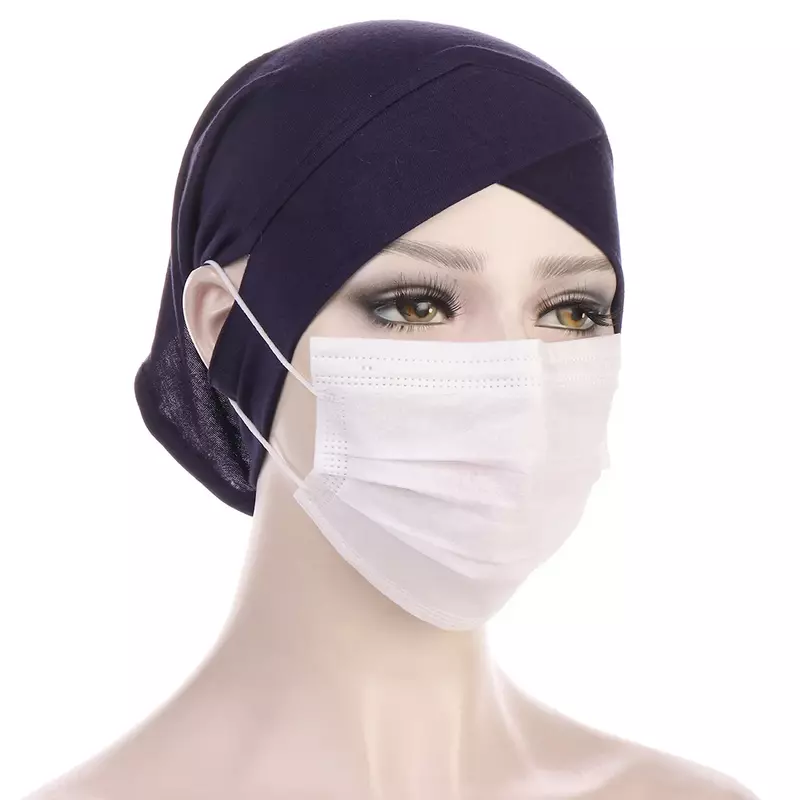 Baru CottonTurban Bonnet Earhole instan syal elastis bernapas Muslim Dalaman hijab Cross dahi wanita syal kepala