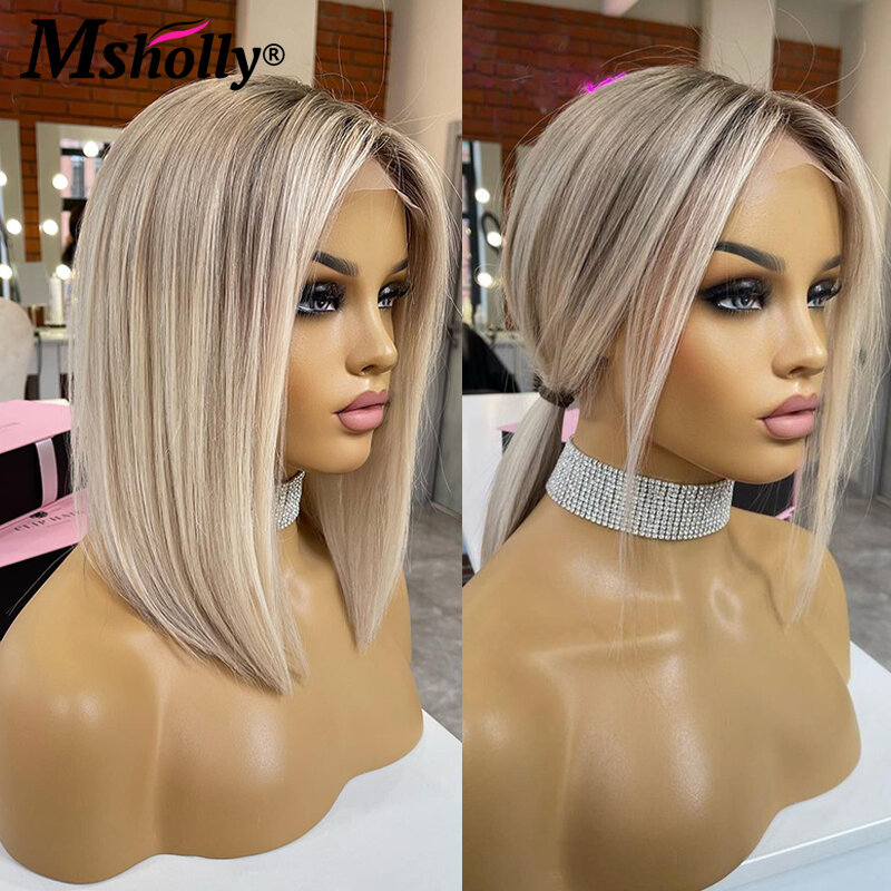 Highlight Ash Blonde 13x4 Lace Front Wigs Human Hair Straight Short Bob Cut Human Hair Wig HD Transparent Lace Ombre Colored Wig