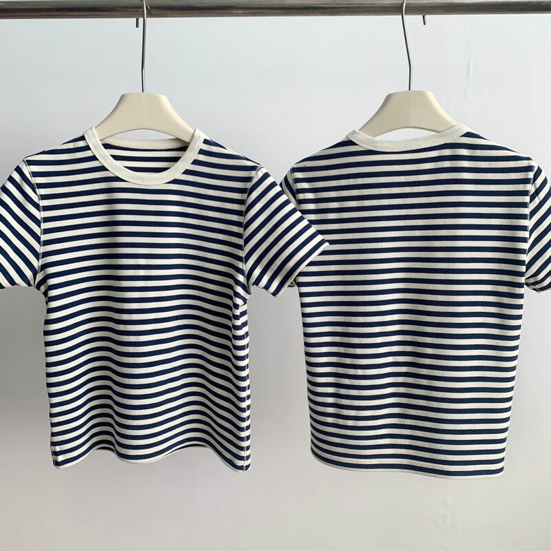 Camiseta a rayas con contraste para mujer, Tops de manga corta ajustados con cuello redondo, camisetas informales simples para mujer 2024