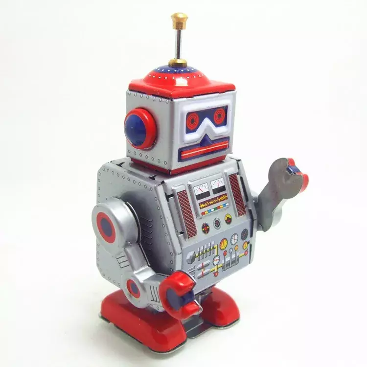[Śmieszne] kolekcja klasyczna Retro mechaniczna zwijana metalowa chodząca cyna mechanik robot przypomnij mechaniczne zabawki dla dzieci prezent na boże narodzenie
