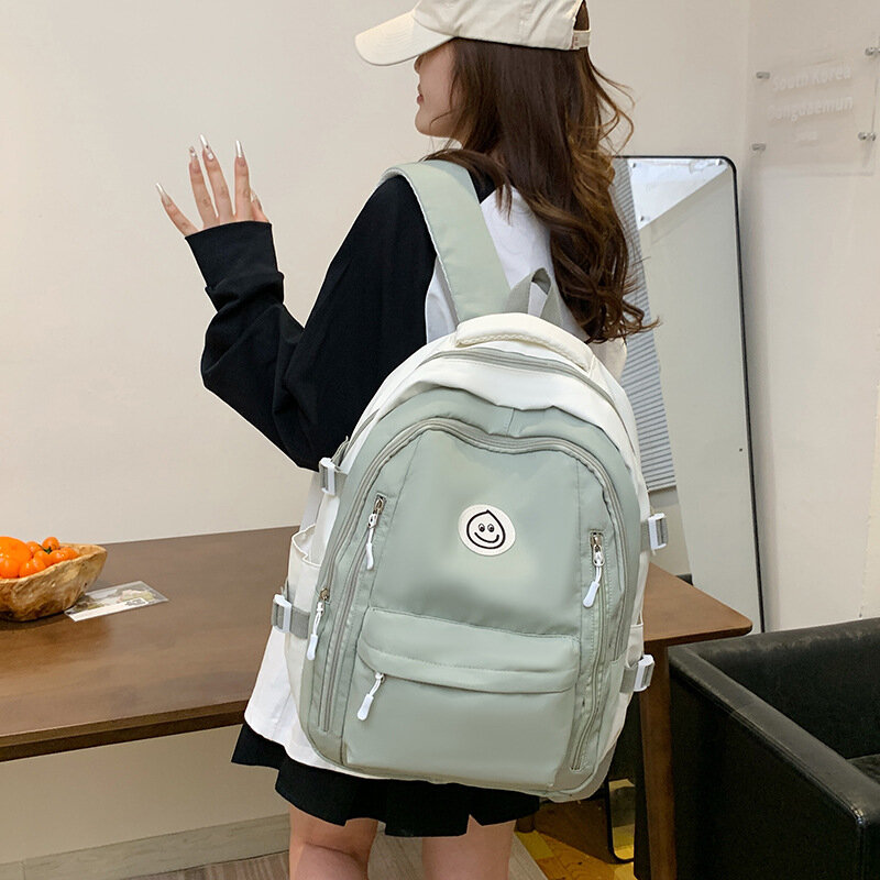 Backpack Large Capacity Zipper Solid Color Contrast Small Fresh Student Schoolbag New Lightweight Casual Sweet Girls All-match
