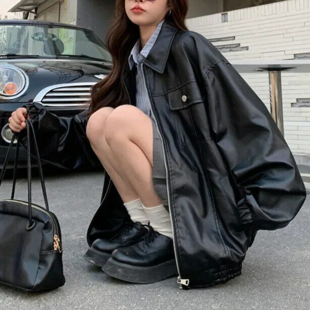 Vintage Black Leather Jacket Women Moto Biker Zipper Jackets Oversize Gothic Style Motorcycle Coats Korean Streetwear