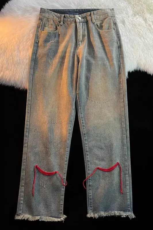 2024 nowy główna ulica Hip Hop męskie spodnie z haftowanymi szerokimi nogawkami workowate dżinsy swobodnymi prostymi nogawkami spodnie dżinsowe mężczyzna Y97
