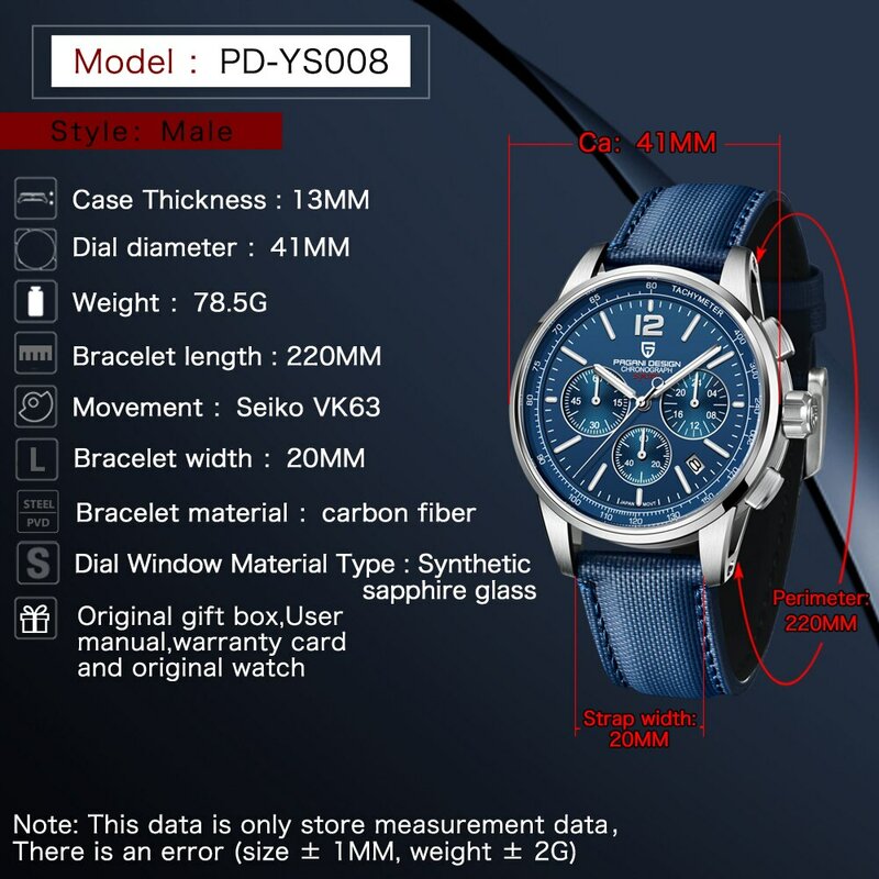 Pagani 2024นาฬิกาควอทซ์ลำลองสำหรับผู้ชาย, นาฬิกาสเตนเลสสตีลกระจกแซฟไฟร์กันน้ำ VK63 100ม.