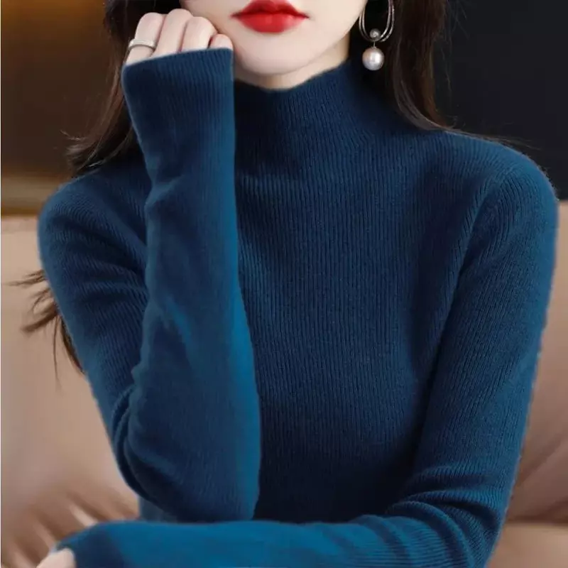 Temperament Pleated Pullover Sweater For Women Long-Sleeve Female S-2XL Siz Half High Collar Underlay Sleeve Sweater Slim Fit