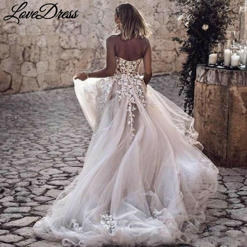 LoveDress gaun pernikahan Sweetheart A-Line renda applique gaun pengantin punggung terbuka ritsleting Tulle kereta gambar nyata Vestido de noiva