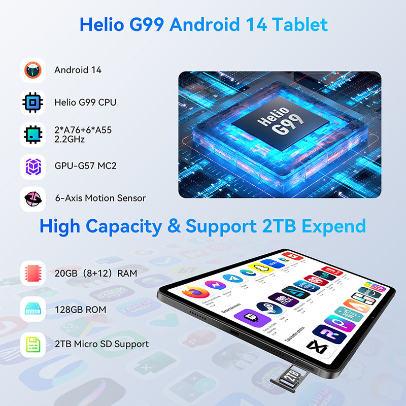 Headwolf-Tableta HPad6 con Android 14, dispositivo con octa-core, CPU G99, 8GB(+ 12GB) de Ram, 256GB, UFS2.2, compatible con Widevine L1, Netflix, 8800 mAh