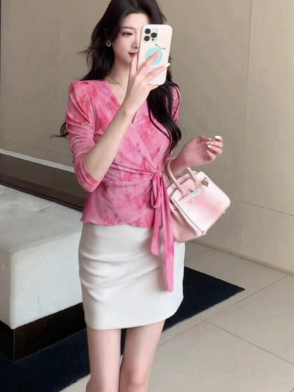 Women Blouse Noble Elegant Slim Abdomen Spring Pleated Korean Style Versatile Retro Harajuku Office Lady New-arrival Mature Fit