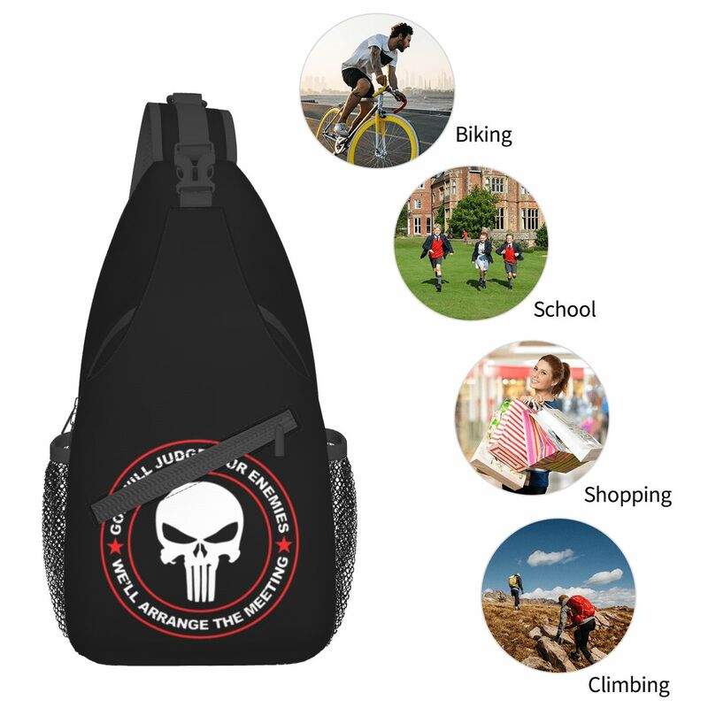Punisher Skull Party Camiseta, bolsa crossbody sling, bolsa de peito, mochila de ombro, mochila para caminhadas, ciclismo ao ar livre