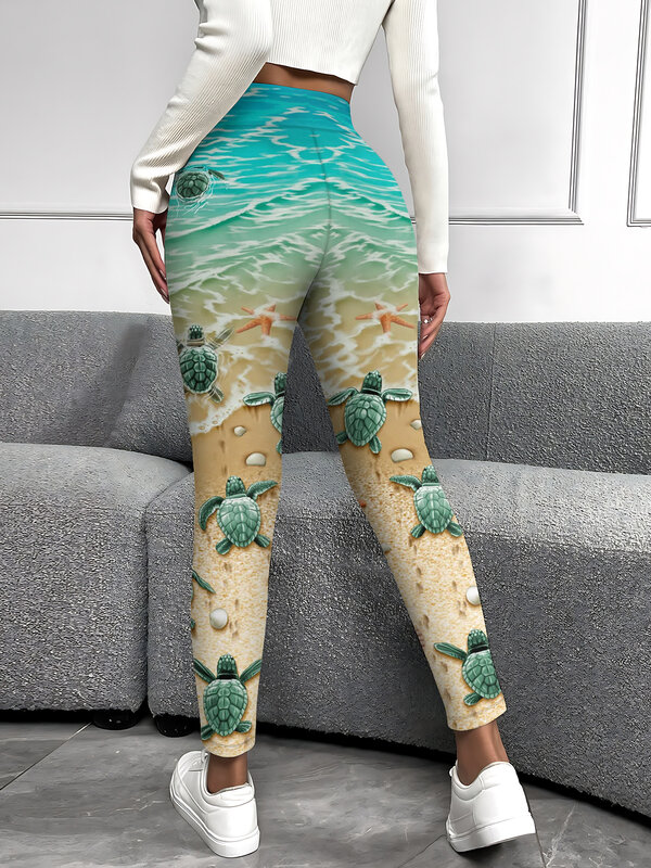 MSIEESO modne legginsy życie morskie żółwia plażowa 3D legginsy z nadrukiem spodnie do jogi na świeżym powietrzu do biegania odzież sportowa Fitness