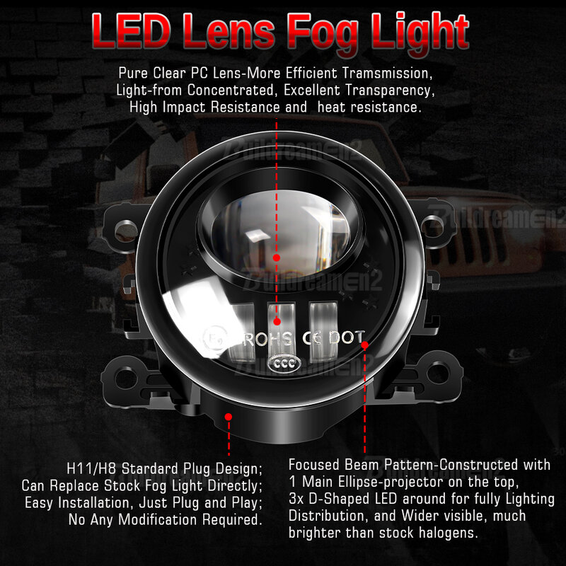 2 Pcs LED Lens Fog Light Assembly 60W H11 Car Front Fog Lamp DRL For Dodge Attitude 2015 2016 2017 2018 2019 2020 2021 2022 2023