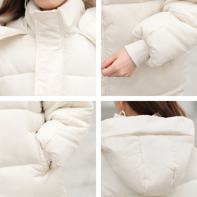 Damska nowa zimowa krótka kurtka luźne damskie kurtki puchowe z kapturem wyściełane jednolita moda Oversize damski płaszcz koreański 2022