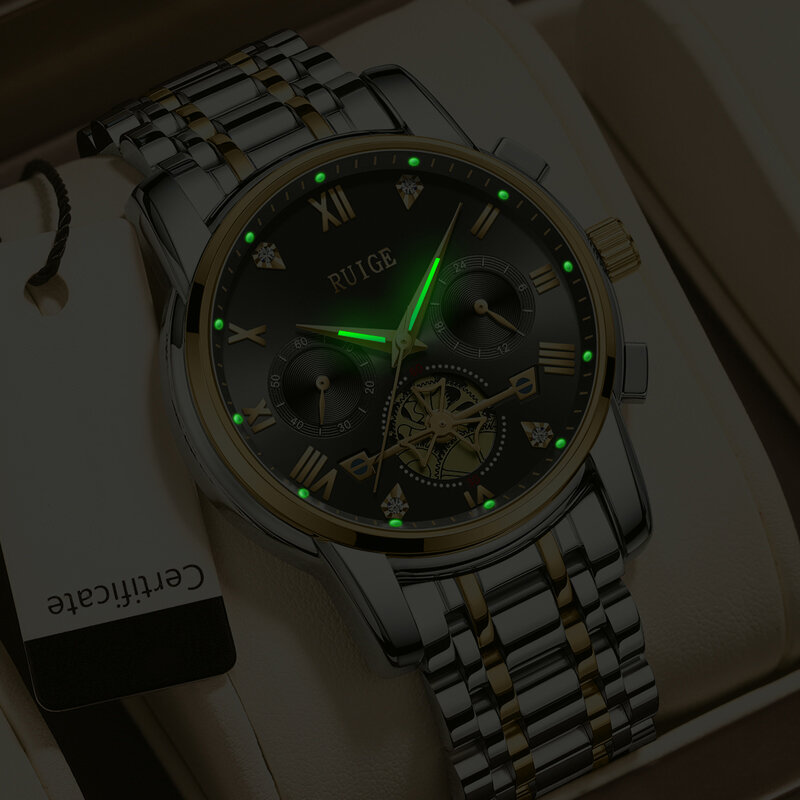 Swiss brand RUIGE genuine watch steel band men's watch fashion classic luminous waterproof ultra-thin watch