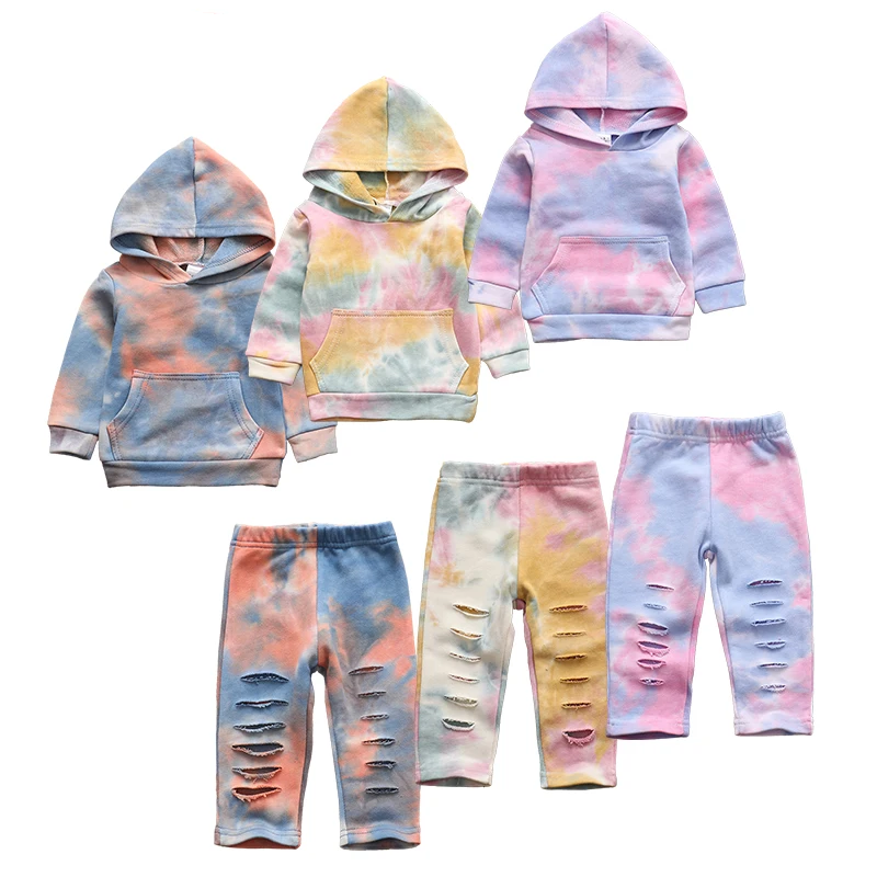 Spring Girls Clothes Set Tie Dye Printed Hoodie Cotton Long Sleeve Tops Long Pants Fashion 2Pcs Outfit Toddler Baby Boy Clothing