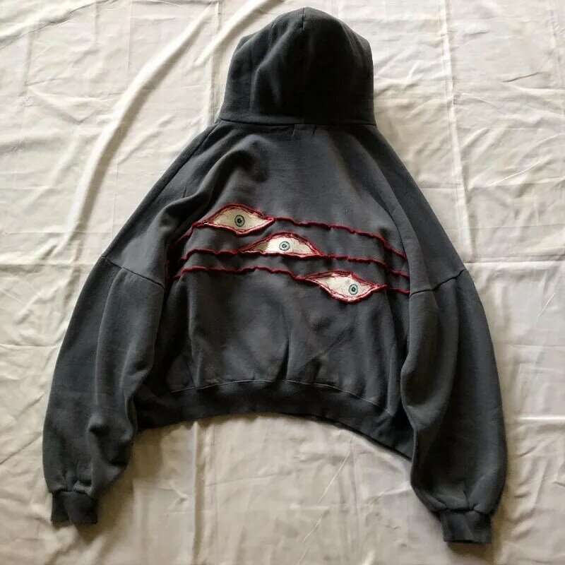 American Retro Street Dämon Augen Stickerei Hoodie für Männer Winter Y2k Goth Punk Harajuku Mode übergroße Sweatshirt
