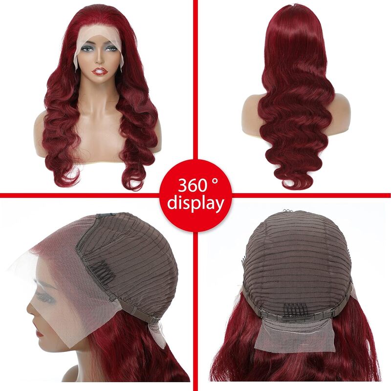 Бордовые волнистые человеческие волосы HD, прозрачные кружевные передние парики 99J, бордовые волнистые бразильские человеческие волосы