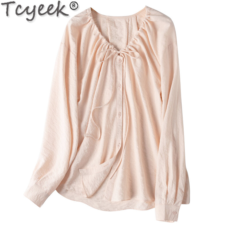 Tcyek 진짜 뽕나무 실크 셔츠, 여성용 우아한 셔츠, 단색 용수철 여름 상의, 자외선 차단 의류, 2024