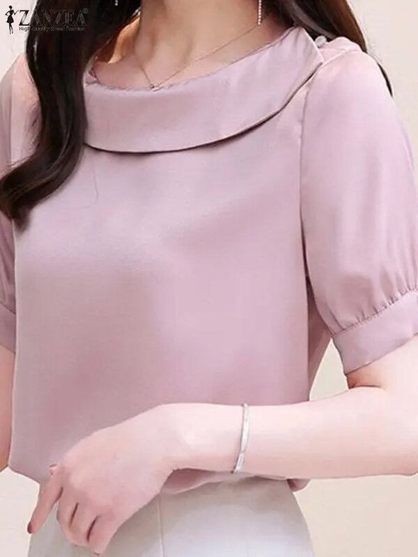 ZANZEA informal-Blusa de manga corta con cuello de solapa para mujer, camisa elegante para oficina, Tops de fiesta a la moda, verano, 2024