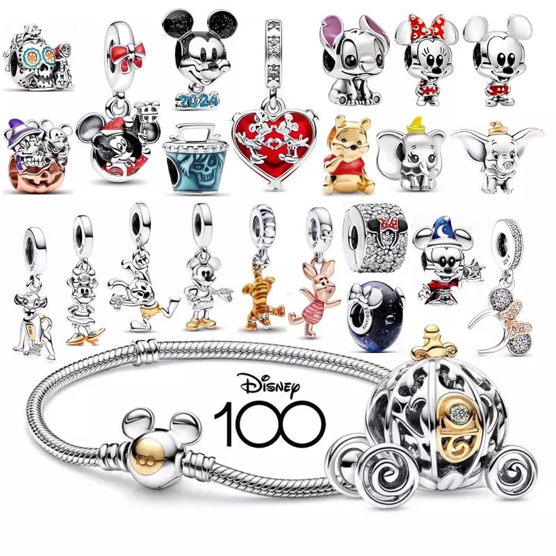 925 Contas De Charme De Prata Fit Pulseiras Pandora Originais, Disney Princesa 100, Carrinho De Abóbora, Mickey, Minnie, Ponto Dumbo, Jóias DIY