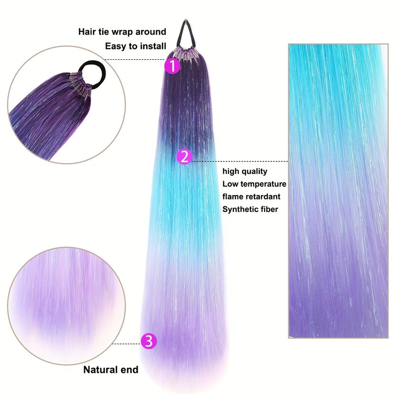 24inch Y2K Colorful Jumbo Ponytail Hair Extensions wig Synthetic Braiding rubber band rainbow shiny Cosplay Girls Hair Accessory