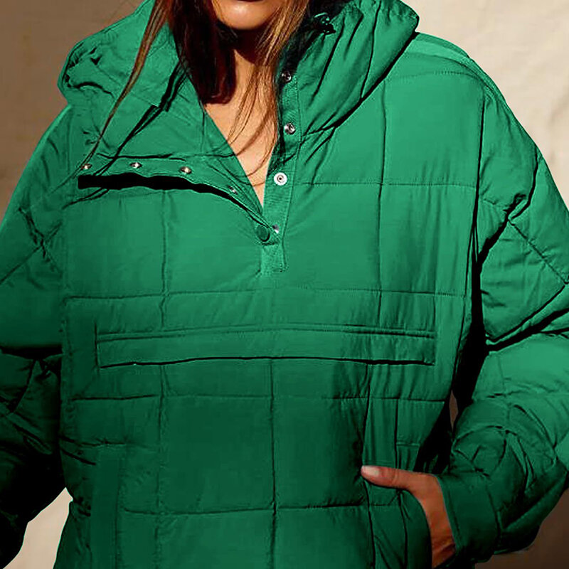 Jaqueta acolchoada monocromática para mulheres, mangas compridas, pulôveres com capuz, casacos casuais japoneses e coreanos, bolsos da moda, outono e inverno