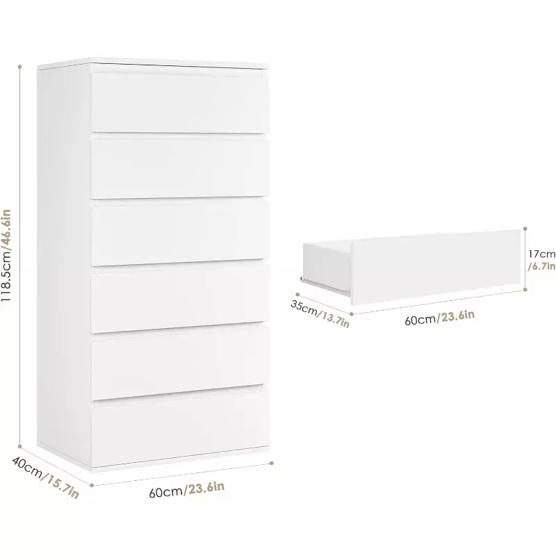 Aparador blanco de 6 cajones, armario de almacenamiento de piso alto moderno con riel deslizante de Metal, cajón de madera sin manos