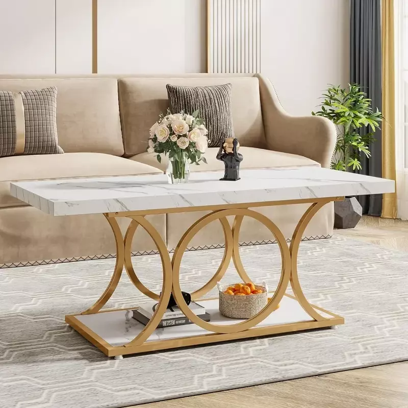 Rectangle Coffee Table 47.24-inch Modern Coffee Tables for Living Room Home Furniture With Storage Shelf(White and Gold) Dining