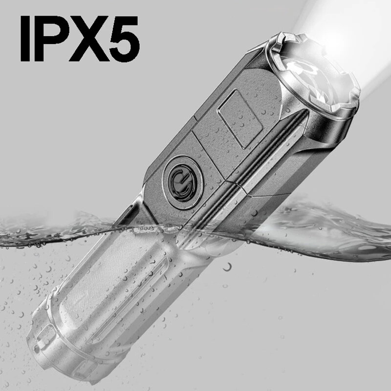 Lampe de Poche Portable à LED en ABS Rechargeable par USB, Lanterne de Pêche de Nuit et Camping en Plein Air, Torche Zoom Télescopique