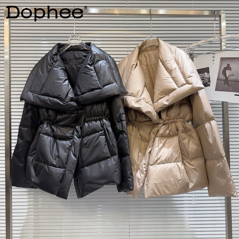 단색 대형 라펠 드로스트링 허리 긴 소매 따뜻한 다운 재킷 코트, 여성 2023 겨울 의류, 패션