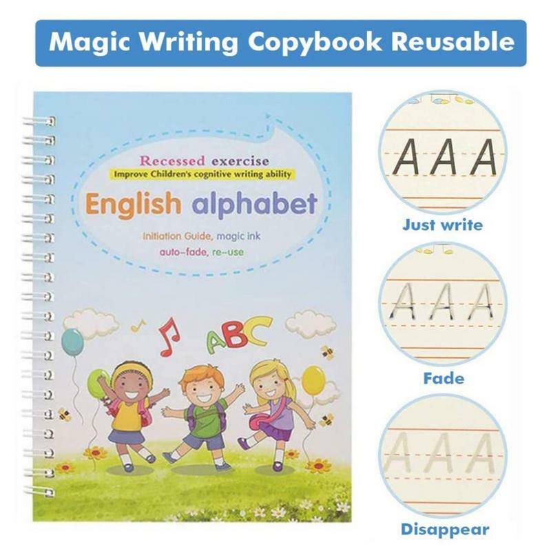 Reutilizável Handwriting Practice Copybook para crianças, Grooved Practice Book com Groove Design, 4 Copybook