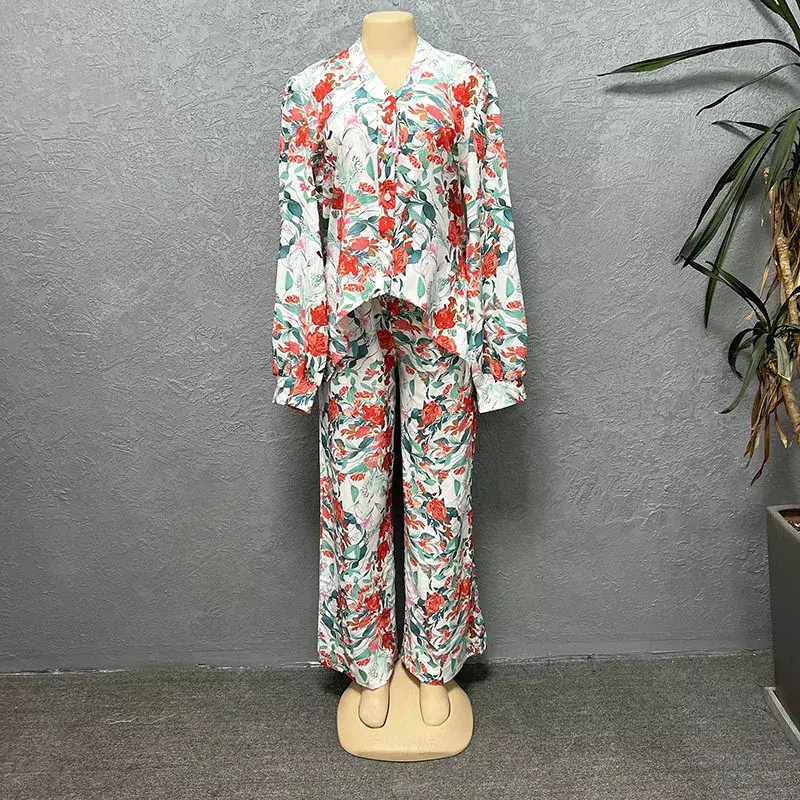 African Clothes for Women Summer Fashion African Women Long Sleeve V-neck Polyester Printing Two Pieces Sets Top and Long Pant