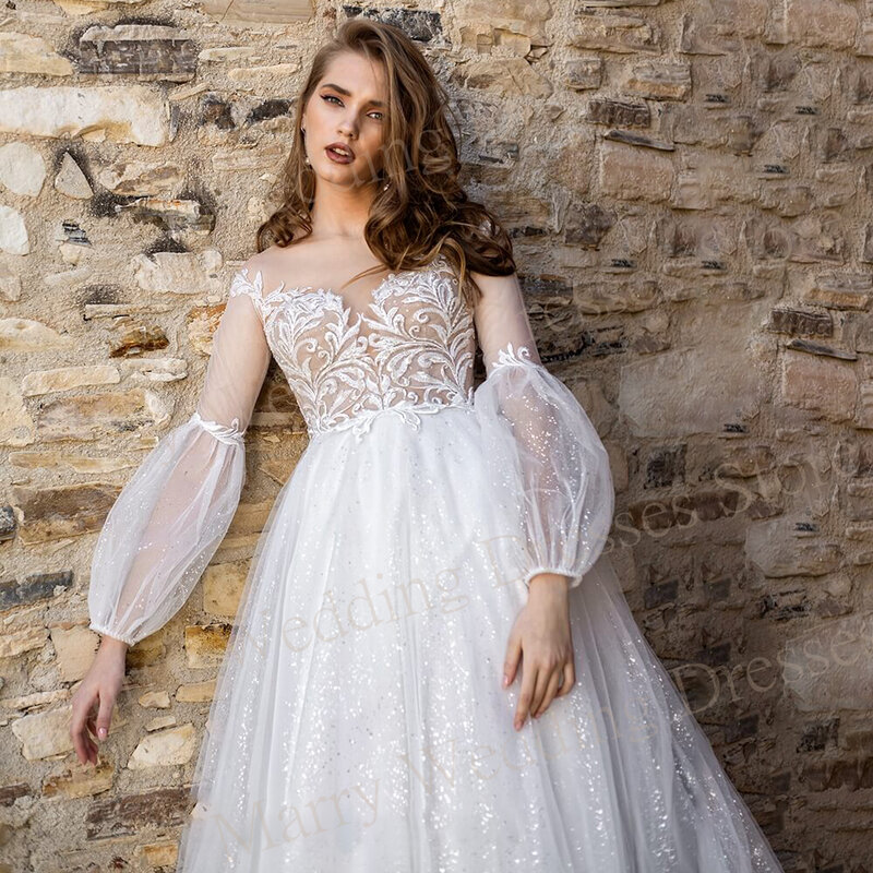 Sparkling Tulle Sweetheart Wedding Dresses A Line Lace Appliques Illusion Button Bride Gowns Modern Puff Sleeve Vestido De Novia